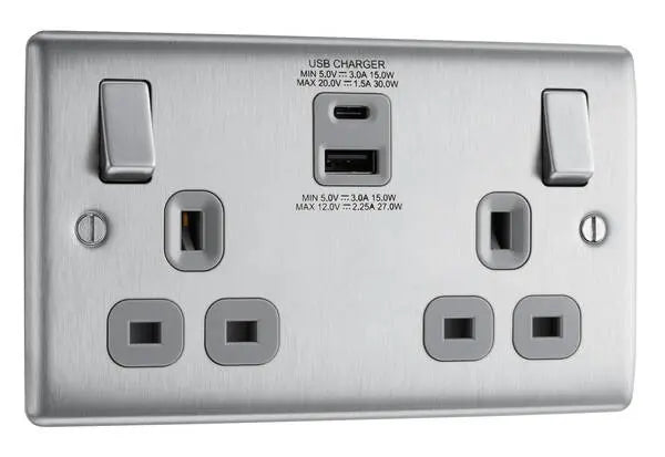 BG Nexus Metal USB USBC Double Socket in Brushed Steel with Grey Inserts - NBS22UAC30G BG (British General)