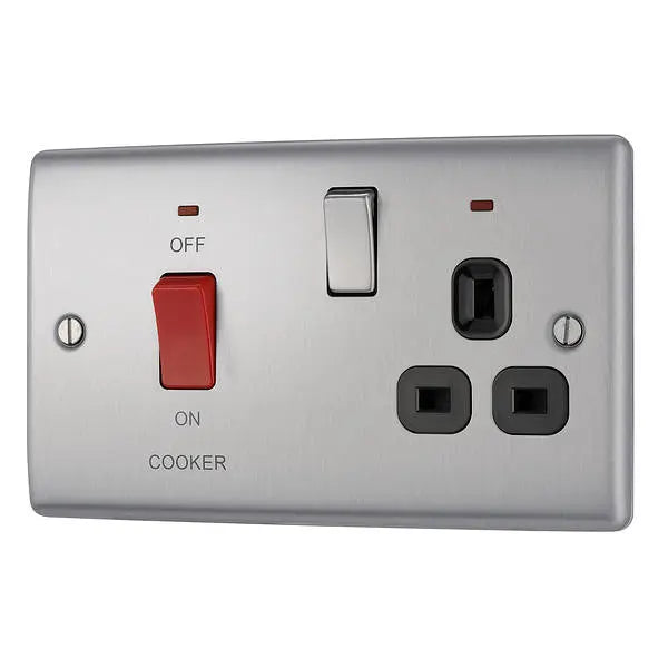 BG Nexus Metal 45 Amp DP Cooker Switch with Socket & Neon in Brushed Steel with Black Inserts - NBS70B-01 BG (British General)