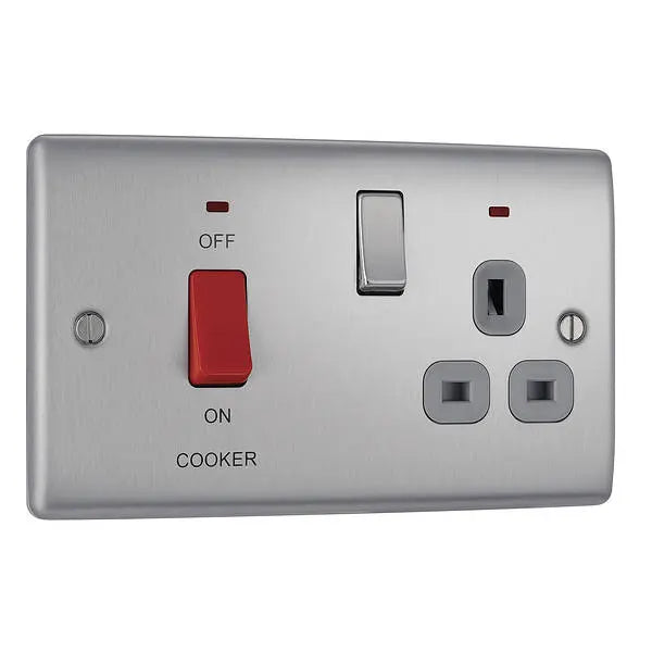 BG Nexus Metal 45 Amp DP Cooker Switch with Socket & Neon in Brushed Steel with Grey Inserts - NBS70G-01 BG (British General)