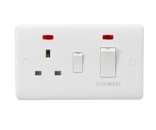 ML Curved Edge 45A Double Pole Cooker Switch and 13A Socket with Neon in White CU8333NW ML Knightsbridge