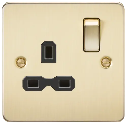 ML Flat Plate 13 Amp 1 Gang Double Pole Single Switched Socket - Brushed Brass with Black Insert ML Knightsbridge