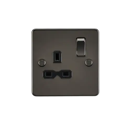 ML Flat Plate 13 Amp 1 Gang Double Pole Single Switched Socket - Gunmetal with Black Insert ML Knightsbridge