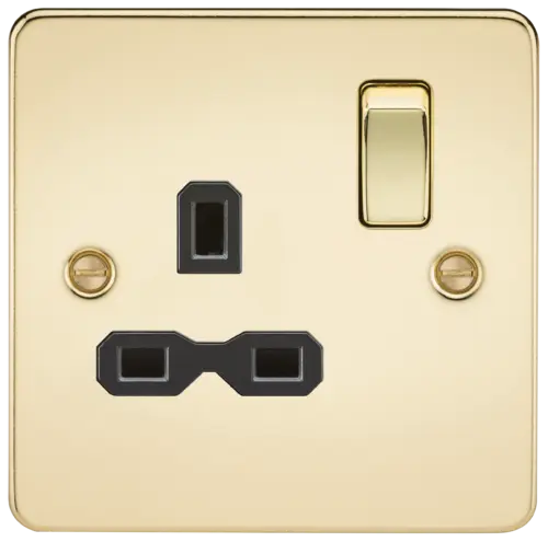 ML Flat Plate 13 Amp 1 Gang Double Pole Single Switched Socket - Polished Brass with Black Insert ML Knightsbridge