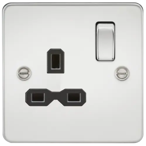 ML Flat Plate 13A 1 Gang DP Single Socket - Polished Chrome With Black Insert ML Knightsbridge