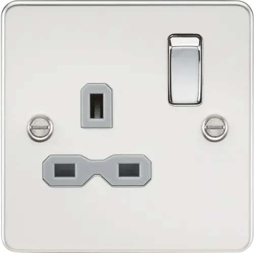 ML Flat Plate 13A 1 Gang DP Single Socket - Polished Chrome With Grey Insert ML Knightsbridge