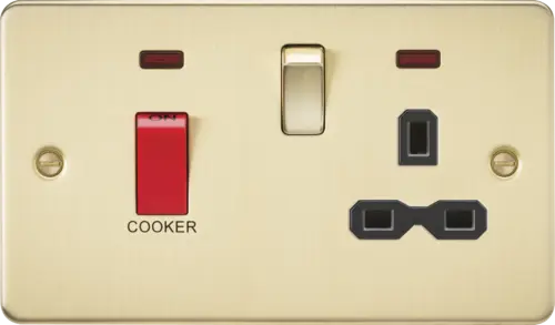 ML Flat Plate 45 Amp Double Pole Switch And 13 Amp Switched Socket With Neon - Brushed Brass with Black Insert ML Knightsbridge