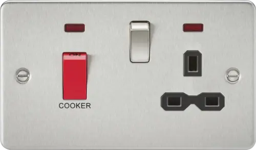 ML Flat Plate 45A DP Switch and 13A Switched Socket with Neon - Brushed Chrome with Black Insert ML Knightsbridge