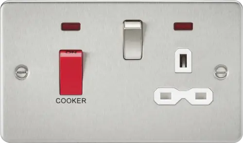 ML Flat Plate 45A DP Switch and 13A Switched Socket with Neon - Brushed Chrome with White Insert ML Knightsbridge