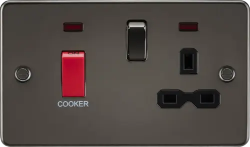 ML Flat Plate 45 Amp Double Pole Switch And 13 Amp Switched Socket With Neon - Gunmetal With Black Insert ML Knightsbridge