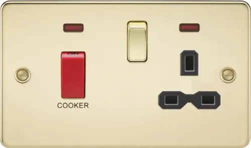 ML Flat Plate 45 Amp Double Pole Switch And 13 Amp Switched Socket With Neon - Polished Brass With Black Insert ML Knightsbridge