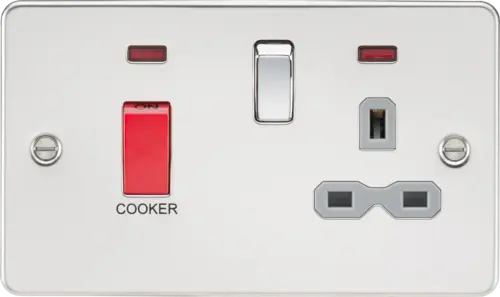 ML Flat Plate 45A DP switch and 13A Switched Socket with Neon - Polished Chrome with Grey Insert ML Knightsbridge