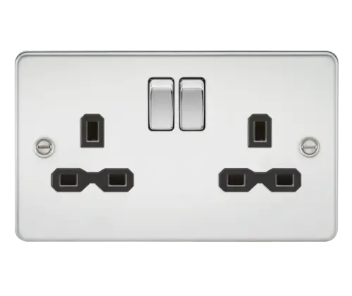 ML Flat Plate 13A 2 Gang DP Switched Double Socket - Polished Chrome With Black Insert ML Knightsbridge
