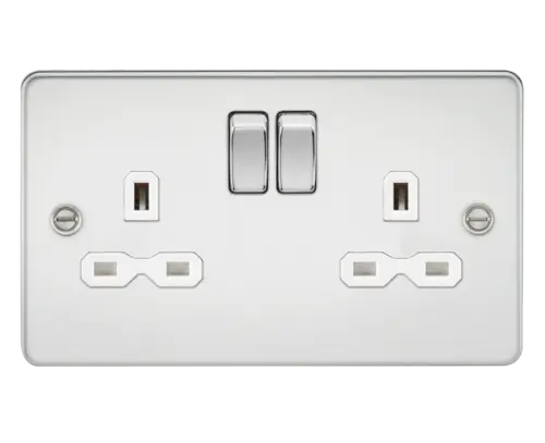 ML Flat Plate 13A 2 Gang DP Switched Double Socket - Polished Chrome With White Insert ML Knightsbridge