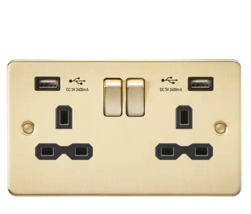 Flat plate 13A 2 Gang Switched Socket with Dual USB Charger (2.4A) - Brushed Brass with Black Insert ML Knightsbridge