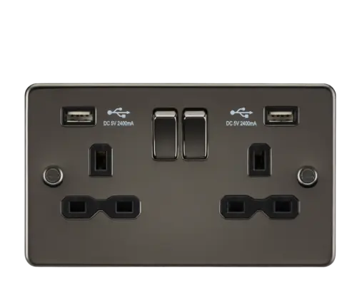 Flat plate 13A 2 Gang Switched Double Socket with Dual USB Charger (2.4A) - Gunmetal with Black insert ML Knightsbridge