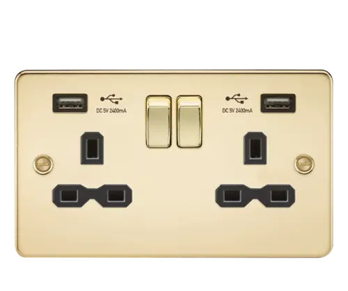Flat plate 13A 2G Switched Socket with Dual USB Charger (2.4A) - Polished Brass with Black insert ML Knightsbridge