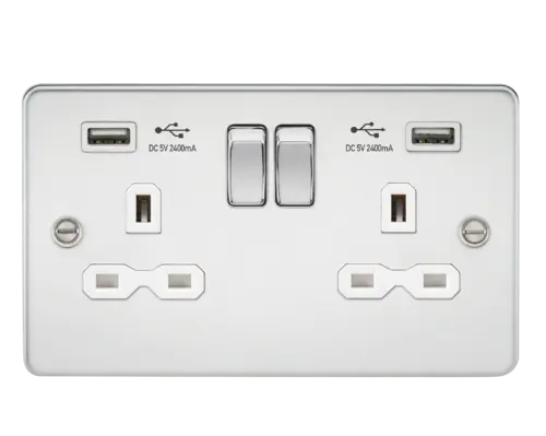 ML Flat Plate 13A 2 Gang Switched Double Socket With Dual USB Charger (2.4A) - Polished Chrome With White Insert ML Knightsbridge