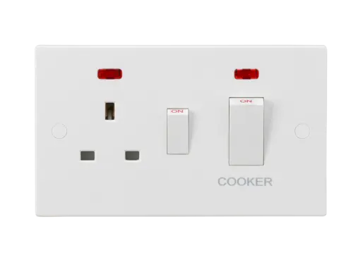 ML Square Edge 45A Double Pole Cooker Switch and 13A Socket with Neon in White ML Knightsbridge