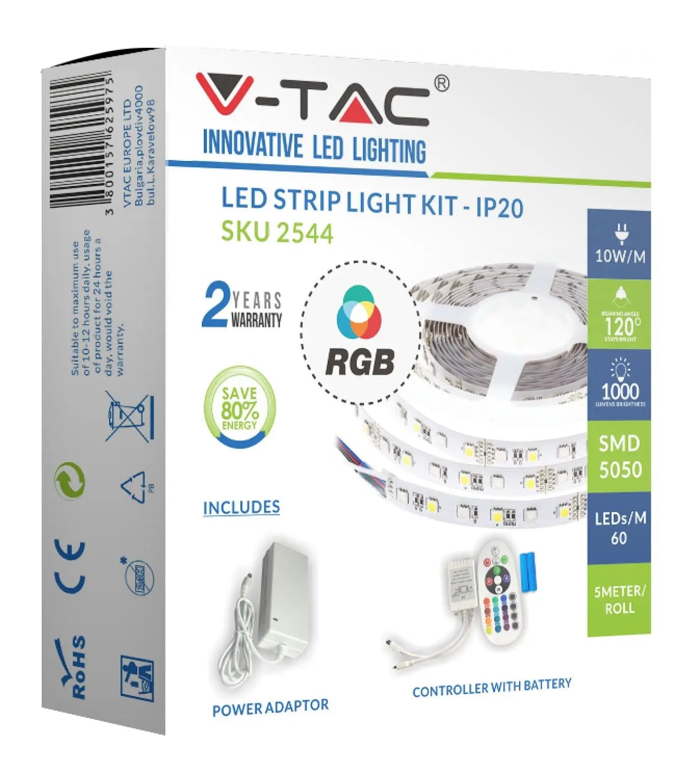V-TAC RGB LED Strip Light 5m LED Tape Kit (IP20, RGB, 10mm) V-TAC