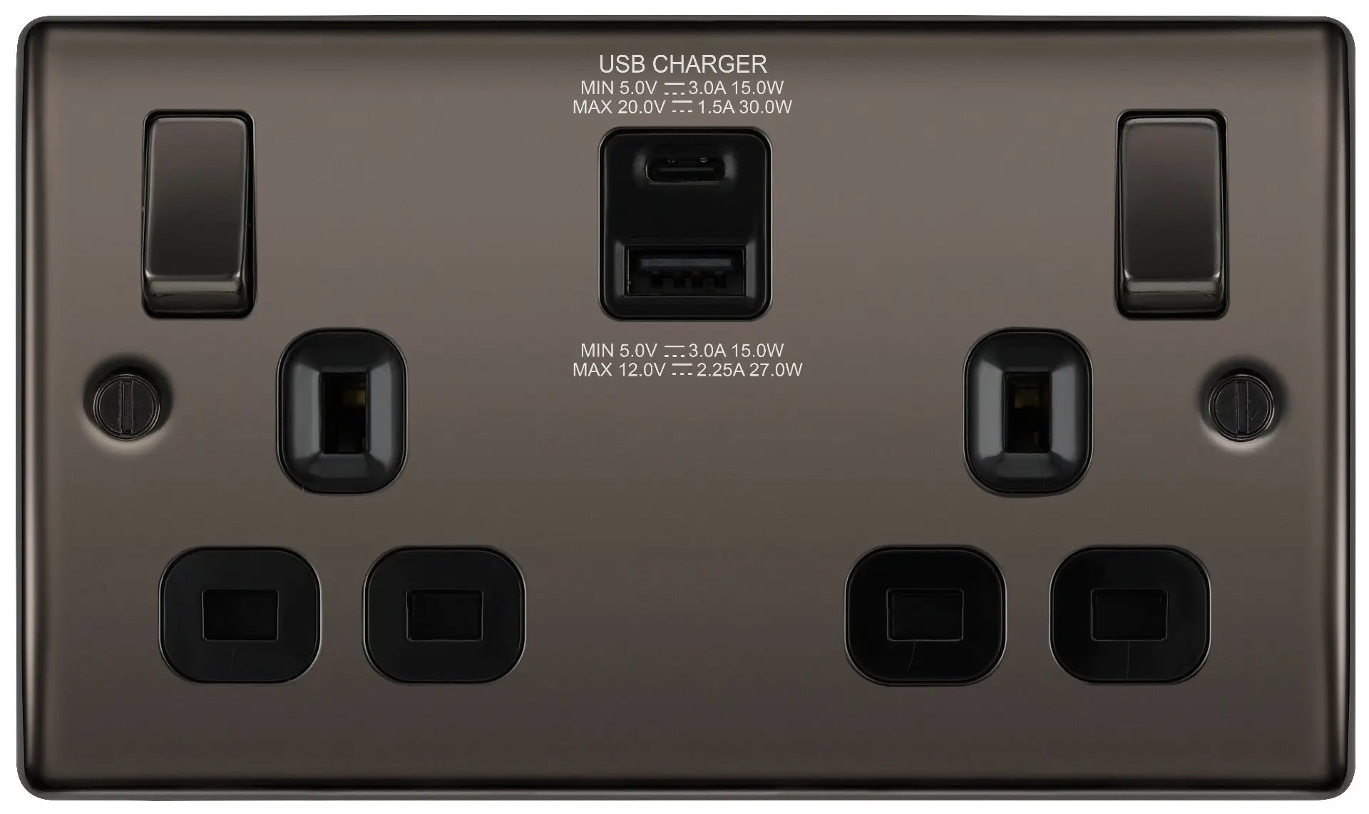 BG Nexus Metal USB USBC Double Socket in Black Nickel with Black Inserts - NBN22UAC30B BG (British General)