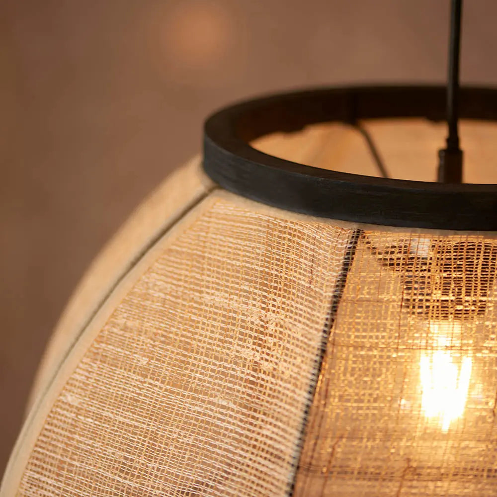 Zaire Large Pendant in Natural Linen, Dark Plywood & Matt Black - 101688 Endon