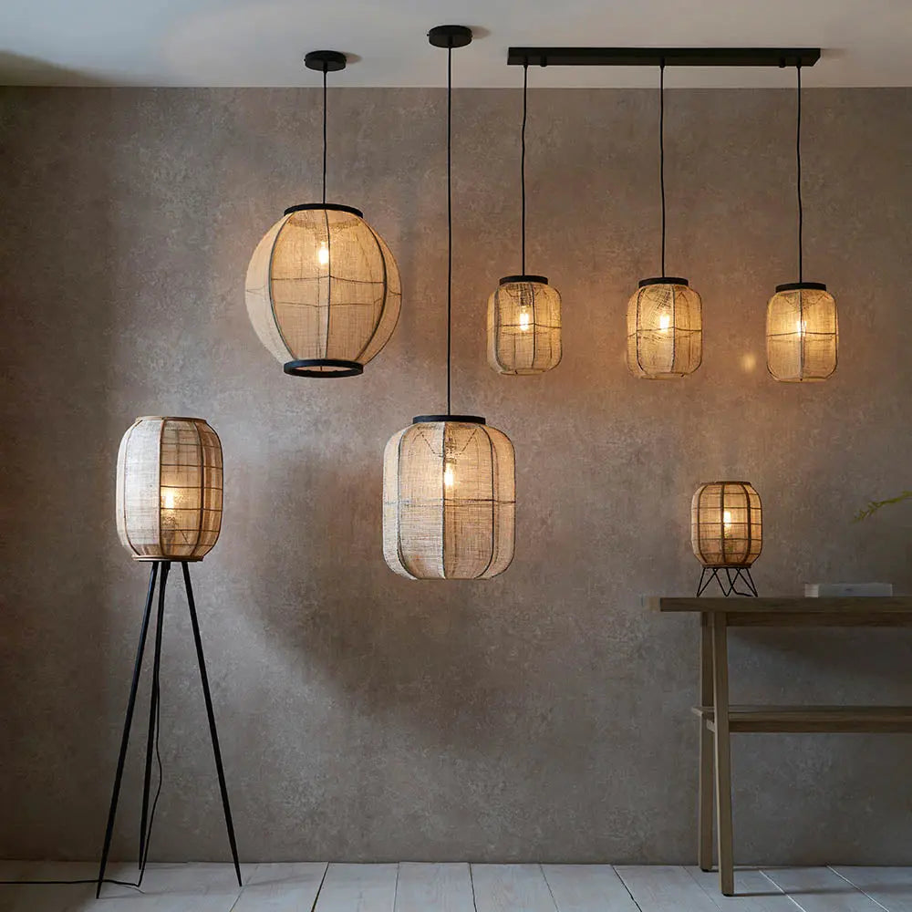 Zaire Medium Pendant in Natural Linen, Dark Plywood & Matt Black - 101689 Endon