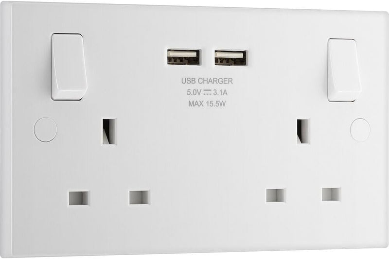 BG Electrical White Double Socket USB 2x -A 3.1A  Fast Charging 1 Pole Square Edge 2 Gang 13A  Switched -922U3