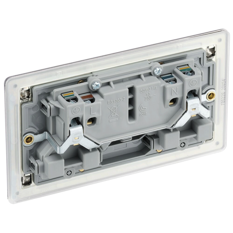 BG Nexus Screwless Flat Plate Brushed Steel Double Socket FBS22G Grey Inserts 13Amp