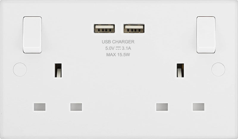 BG Electrical White Double Socket USB 2x -A 3.1A  Fast Charging 1 Pole Square Edge 2 Gang 13A  Switched -922U3