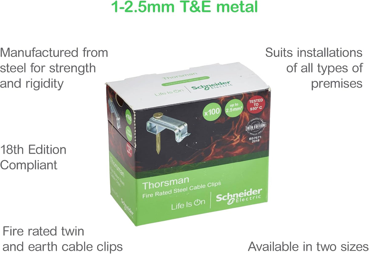 Schneider Electric Thorsman 1-2.5mm T&E metal cable clip packaging box shown on a white background with descriptive text callouts around it.