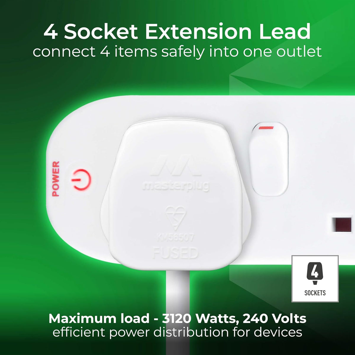 Masterplug SWC4210N 4 Socket Extension Lead, 2m, Individually Switched, White