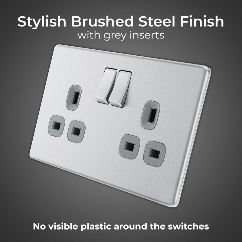 BG Nexus Screwless Flat Plate Brushed Steel Double Socket FBS22G Grey Inserts 13Amp