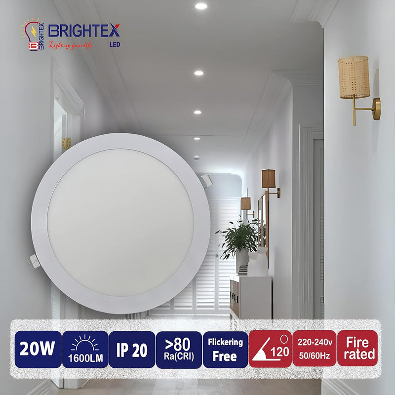 Brightex,Round 20W (Higher Than 18w) Recessed 1800 Lumen Fire Rated Down Lights Spotlights Ceiling Flat Ultra Slim Circle Lamp Downlight Cool White 7000k