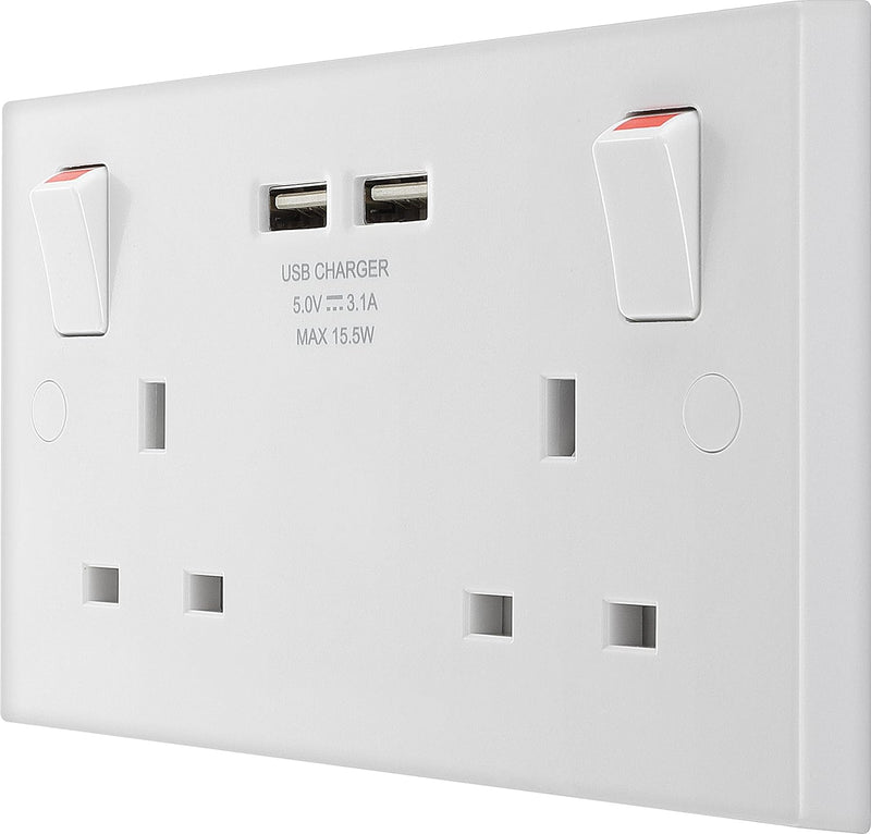 BG Electrical White Double Socket USB 2x -A 3.1A  Fast Charging 1 Pole Square Edge 2 Gang 13A  Switched -922U3