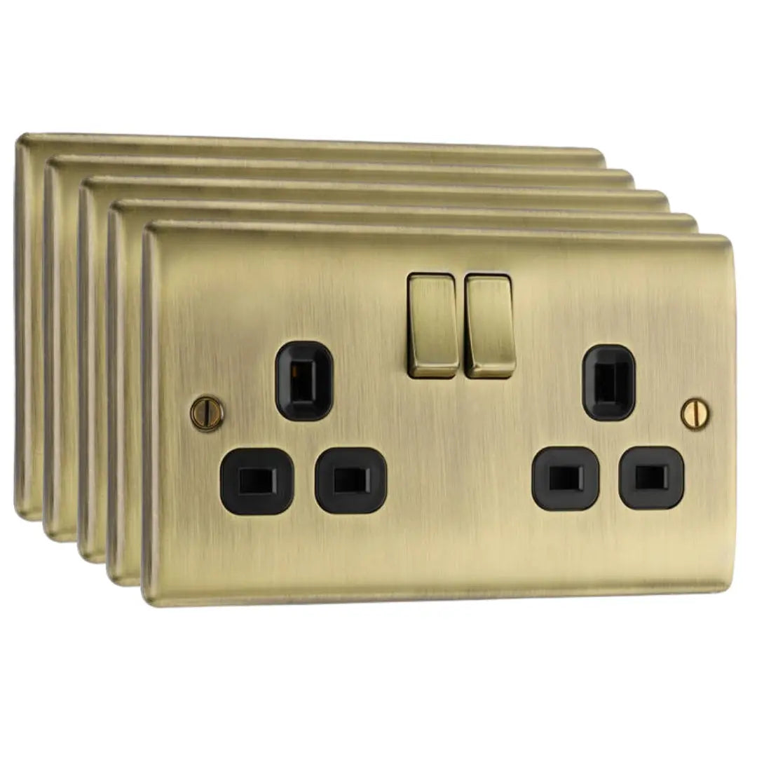 BG NAB22B(5) Nexus Metal | 5 Pack | Antique Brass - Black Insert | 13A | 2 Gang Switched Double Socket BG Nexus