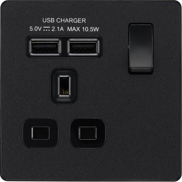 BG Evolve Matt Black Screwless Single Socket with USB PCDMB21U2B