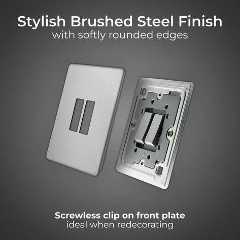 BG Nexus Screwless Flat Plate Brushed Steel Double Light Switch FBS42 10Amp