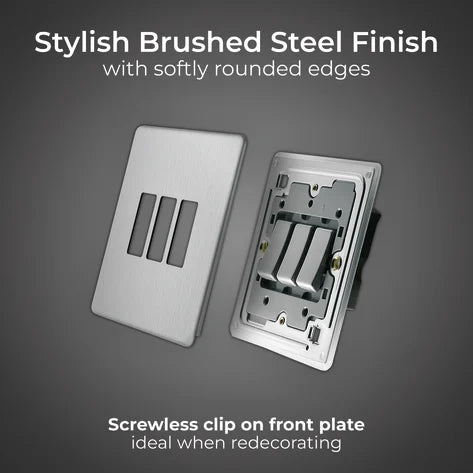 BG Nexus Screwless Flat Plate Brushed Steel Triple Light Switch FBS43 10Amp