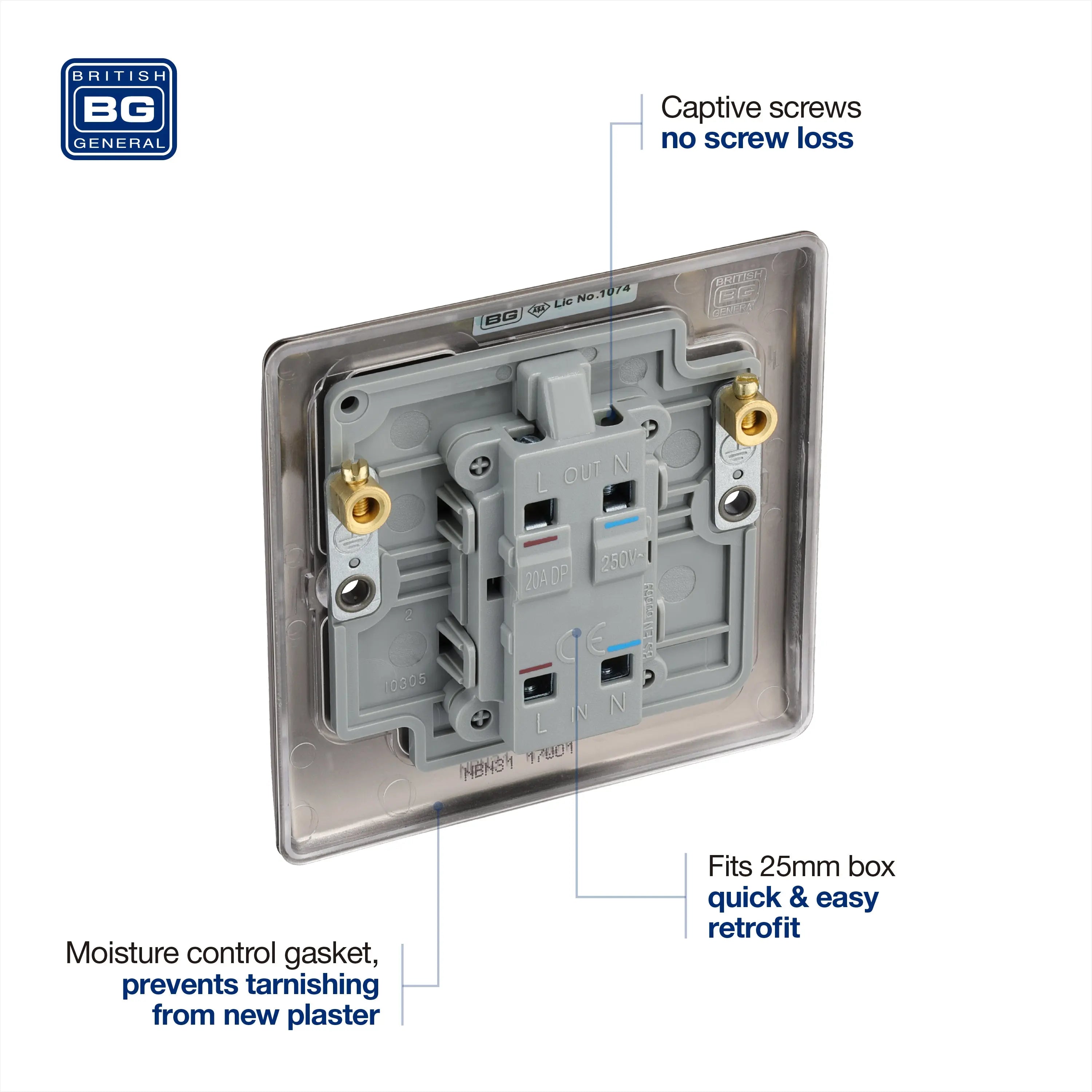 BG Nexus Metal 20A DP Switch with Neon in Black Nickel - NBN31-01 BG (British General)