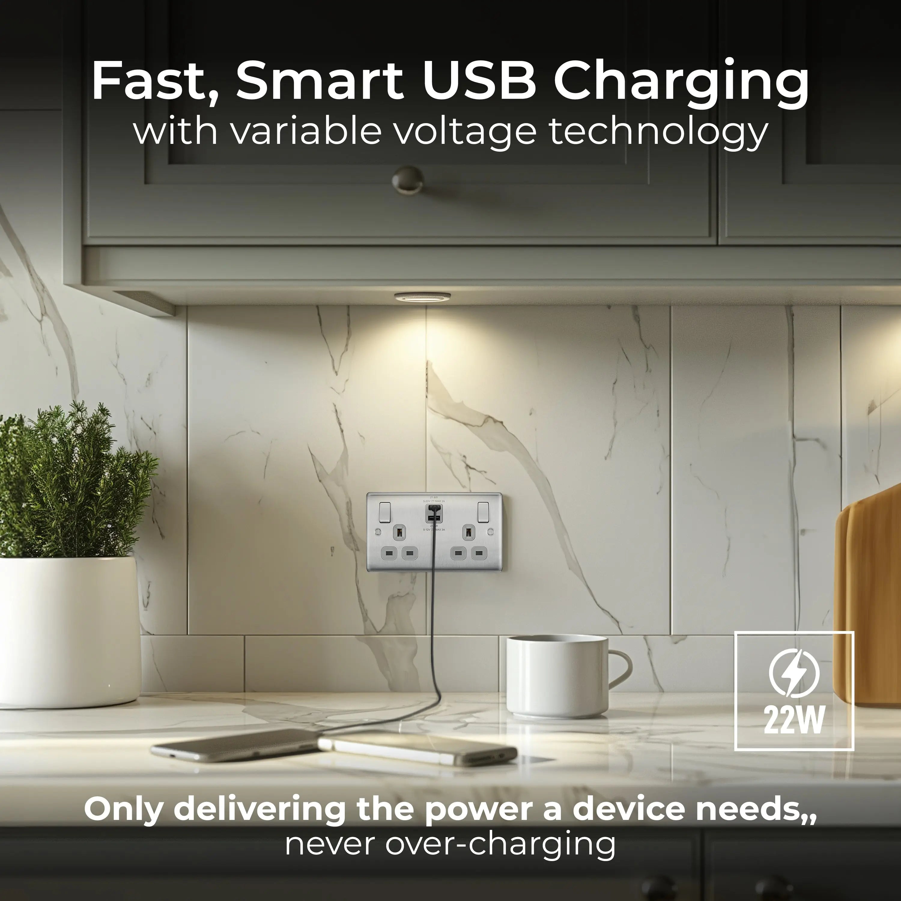 BG Nexus NBS22UAC22G Brushed Steel Double Socket with USB 22W Type A & Type C USB BG Nexus
