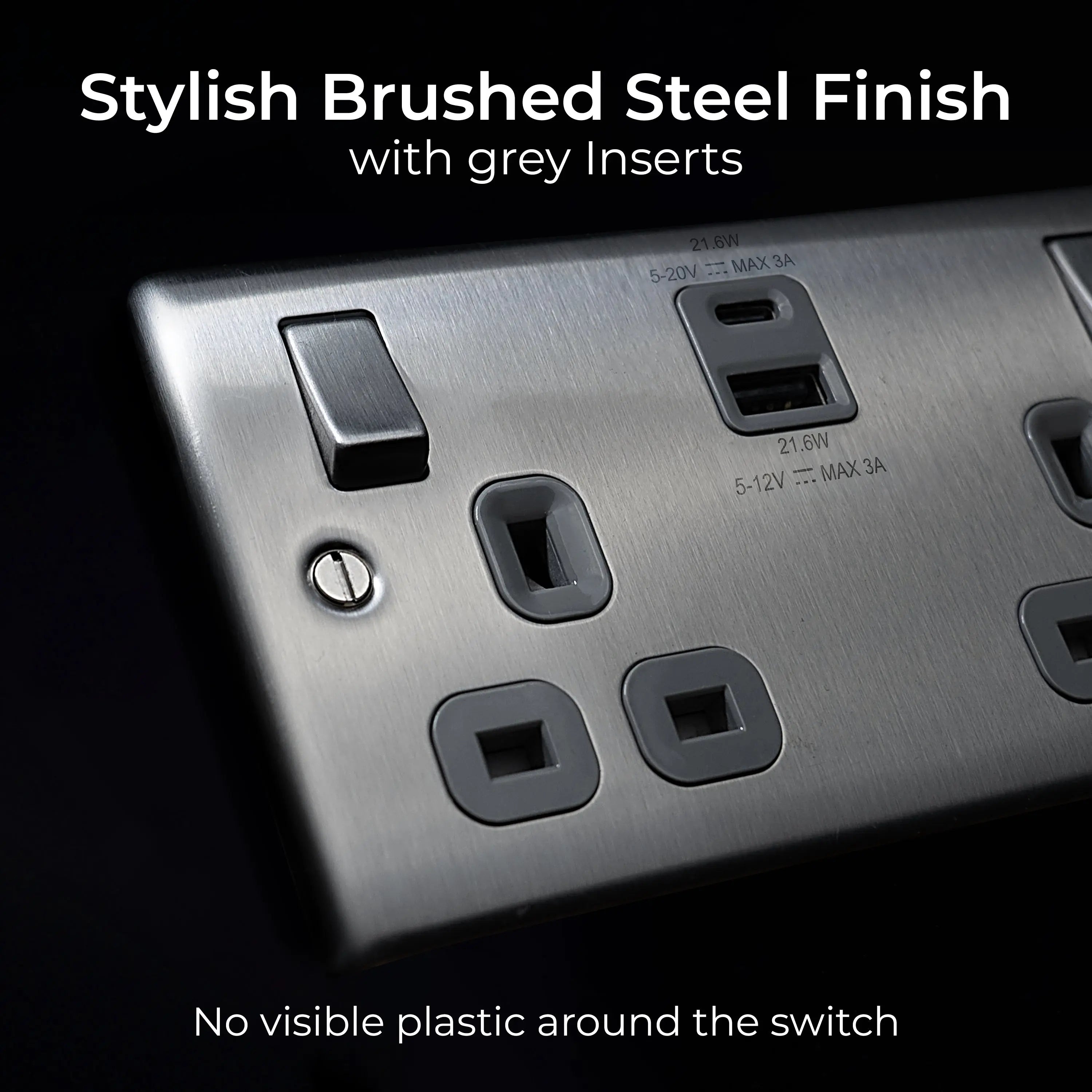 BG Nexus NBS22UAC22G Brushed Steel Double Socket with USB 22W Type A & Type C USB BG Nexus