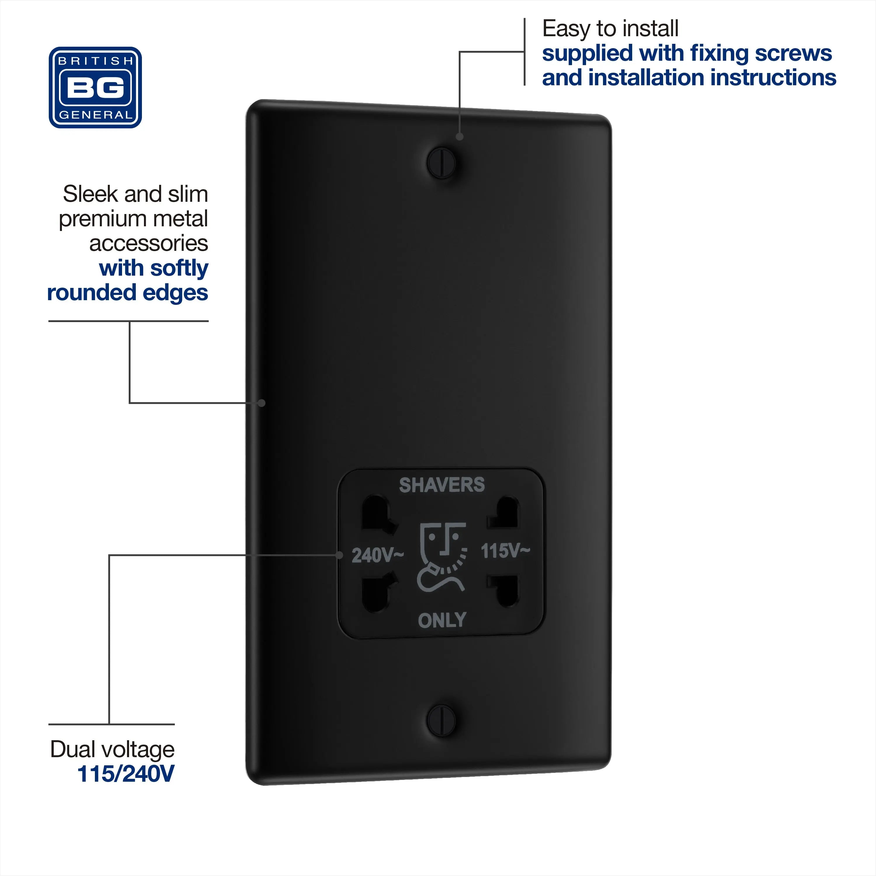 BG Nexus Metal Dual Voltage Shaver Socket in Matt Black with Black Inserts BG Nexus