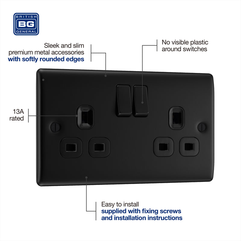 BG Nexus Metal Matt Black Double Socket 2 Gang 13A Double Pole Switched Socket - NFB22B