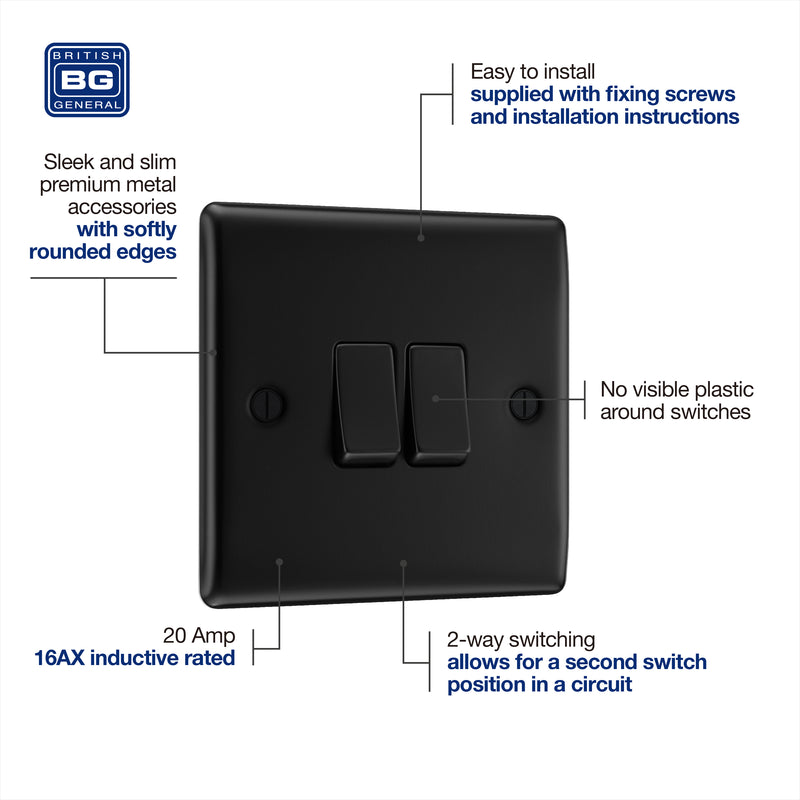 BG Nexus Metal Matt Black 2 Gang 20A 16AX 2 Way Plate Switch - NFB42