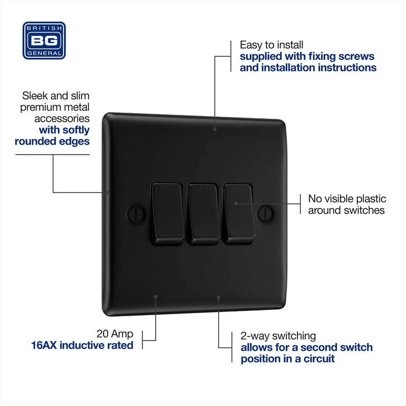 BG Nexus Metal Matt Black 3 Gang 20A 16AX 2 Way Plate Switch -NFB43