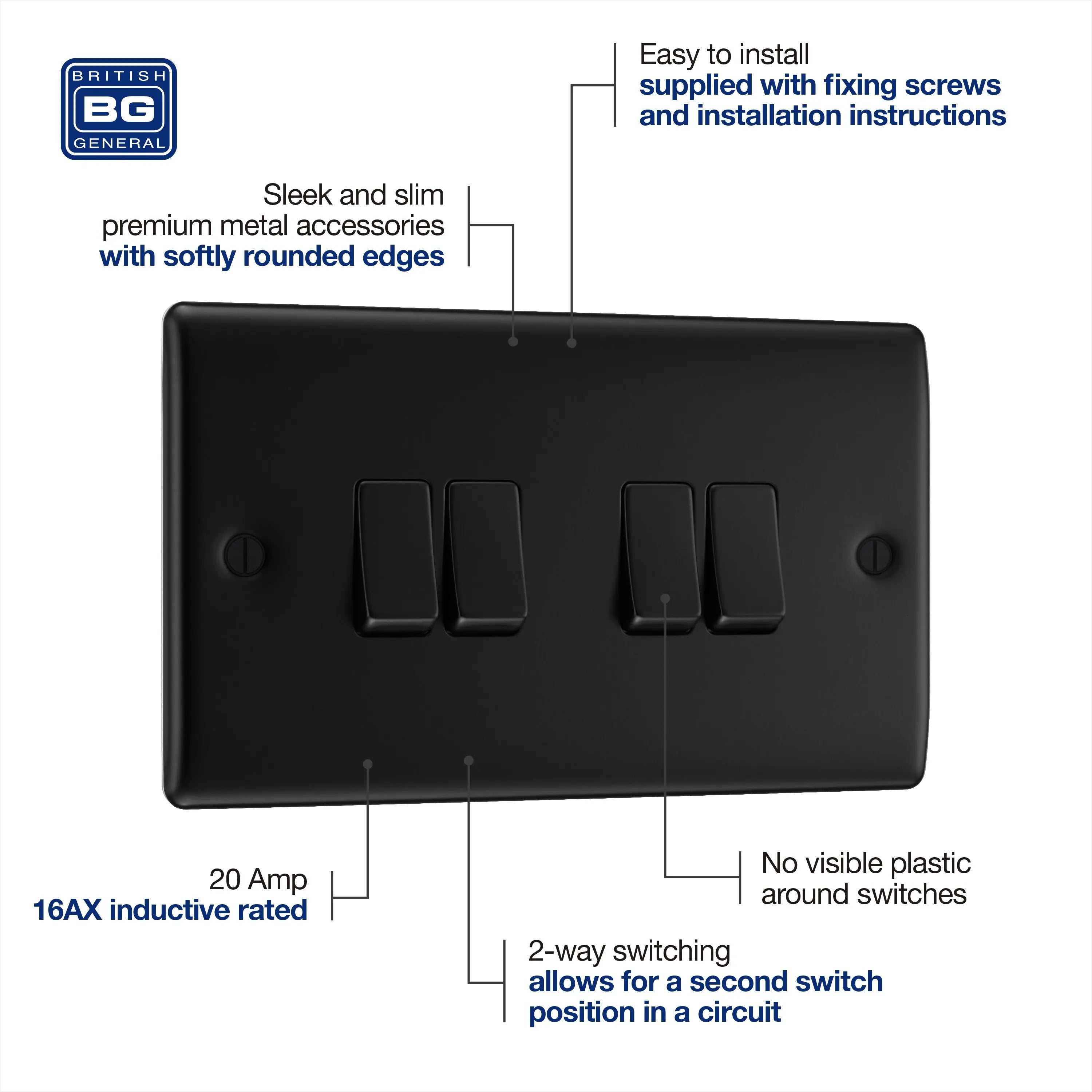 BG Nexus Metal Matt Black 4 Gang 20A 16AX 2 Way Plate Switch - NFB44 BG Nexus