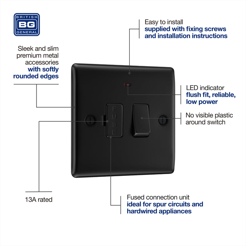 BG Nexus Metal Matt Black 13A Neon Switched Fused Spur Unit - NFB52