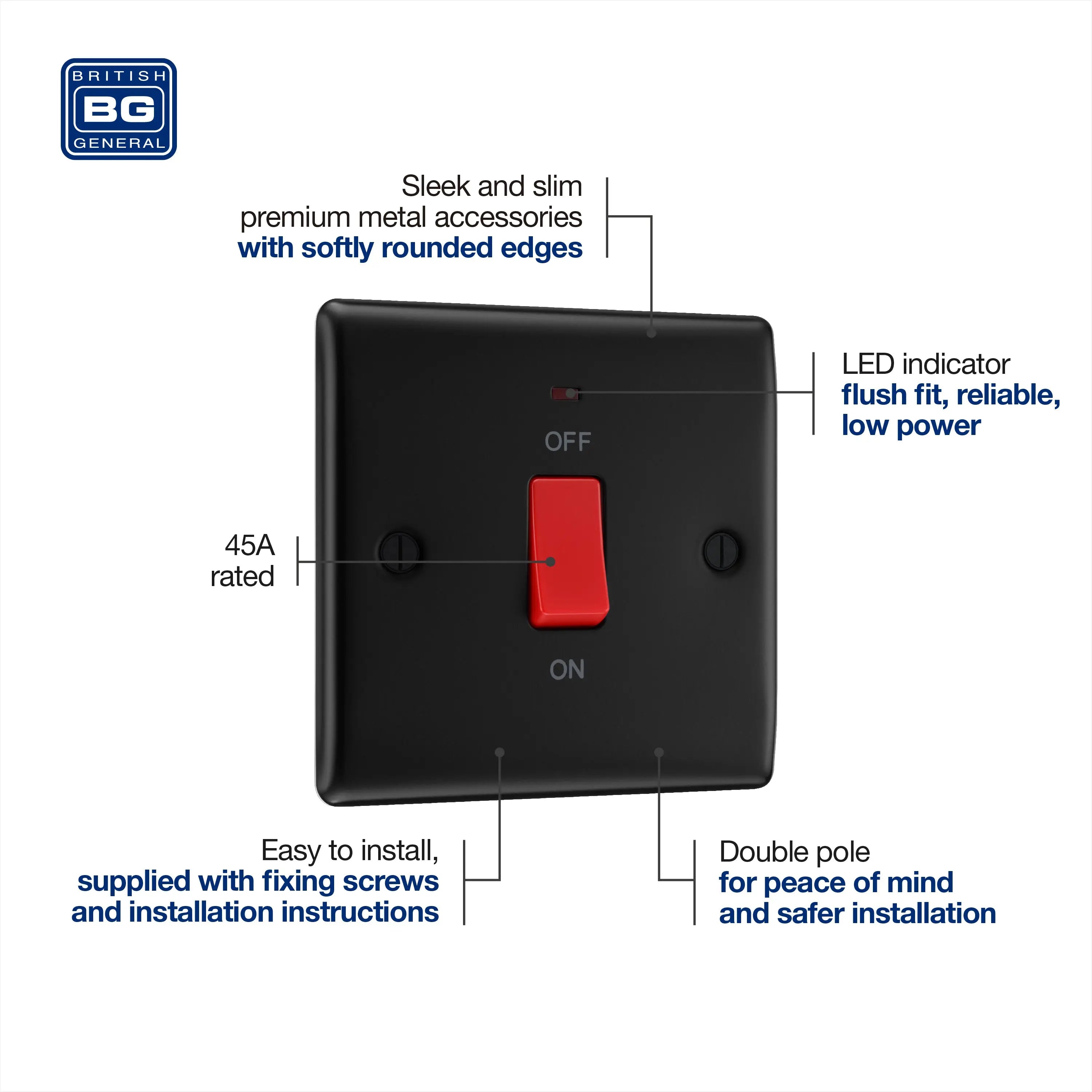 BG Nexus Metal 45 Amp Small DP Switch with Neon in Matt Black BG Nexus