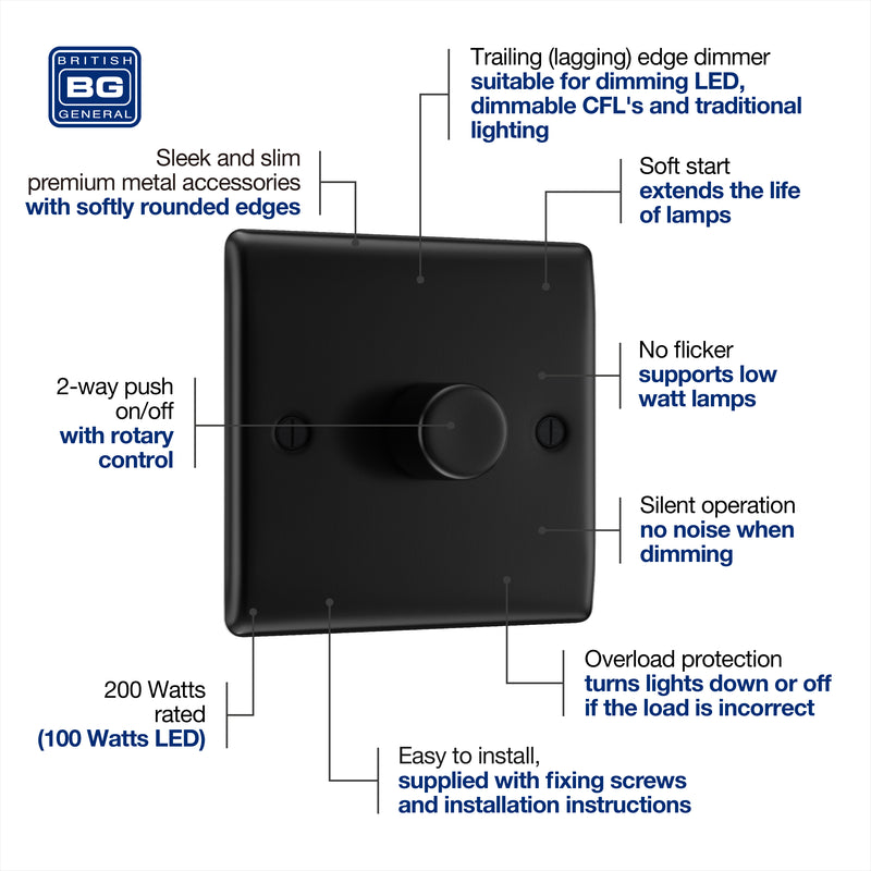 BG Nexus Metal Matt Black 1 Gang 200W 2 Way Push On-Off Intelligent LED Dimmer Switch - NFB81