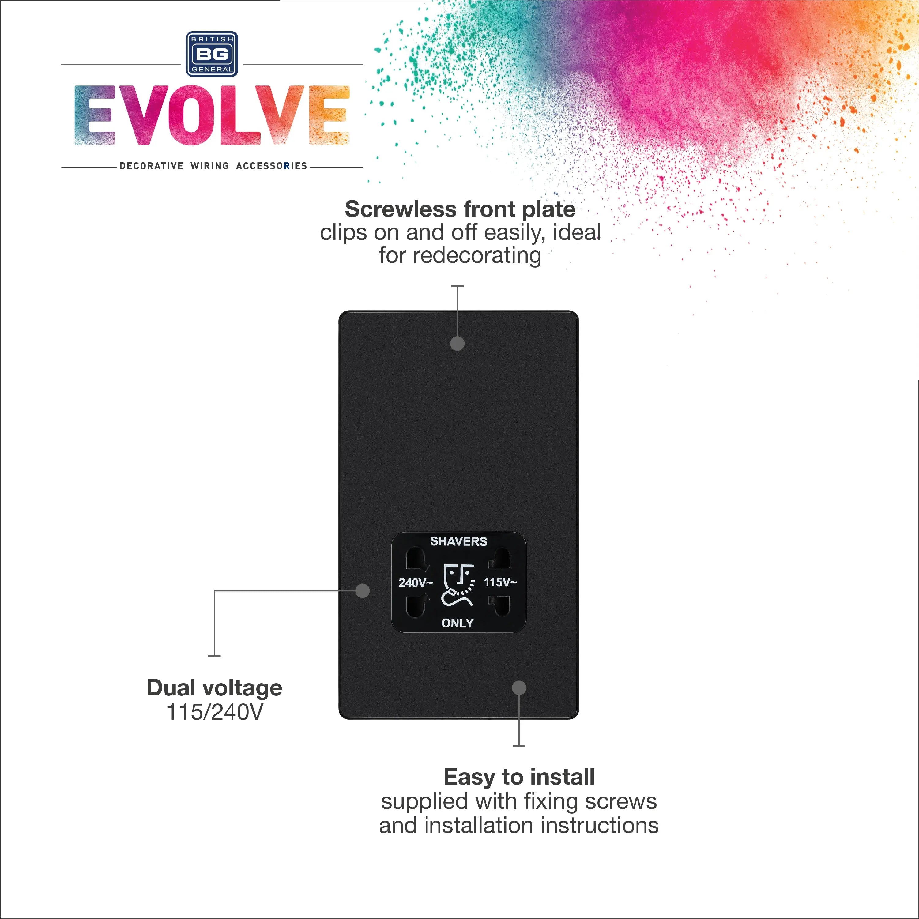 BG Evolve Matt Black Screwless Dual Volt Shaver Socket PCDMB20B BG (British General)
